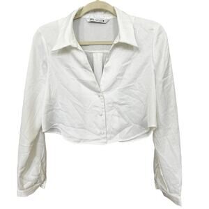 ZARA White Cropped Button-Down‎ Shirt – Long Sleeve – Size S